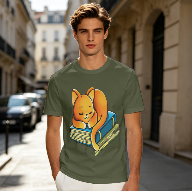 Olive T-Shirt with Cute Sleeping Orange Kitten on Books Print