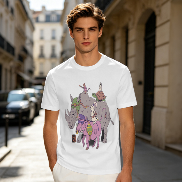 Olive T-Shirt With Whimsical Fantasy Animal Group Print