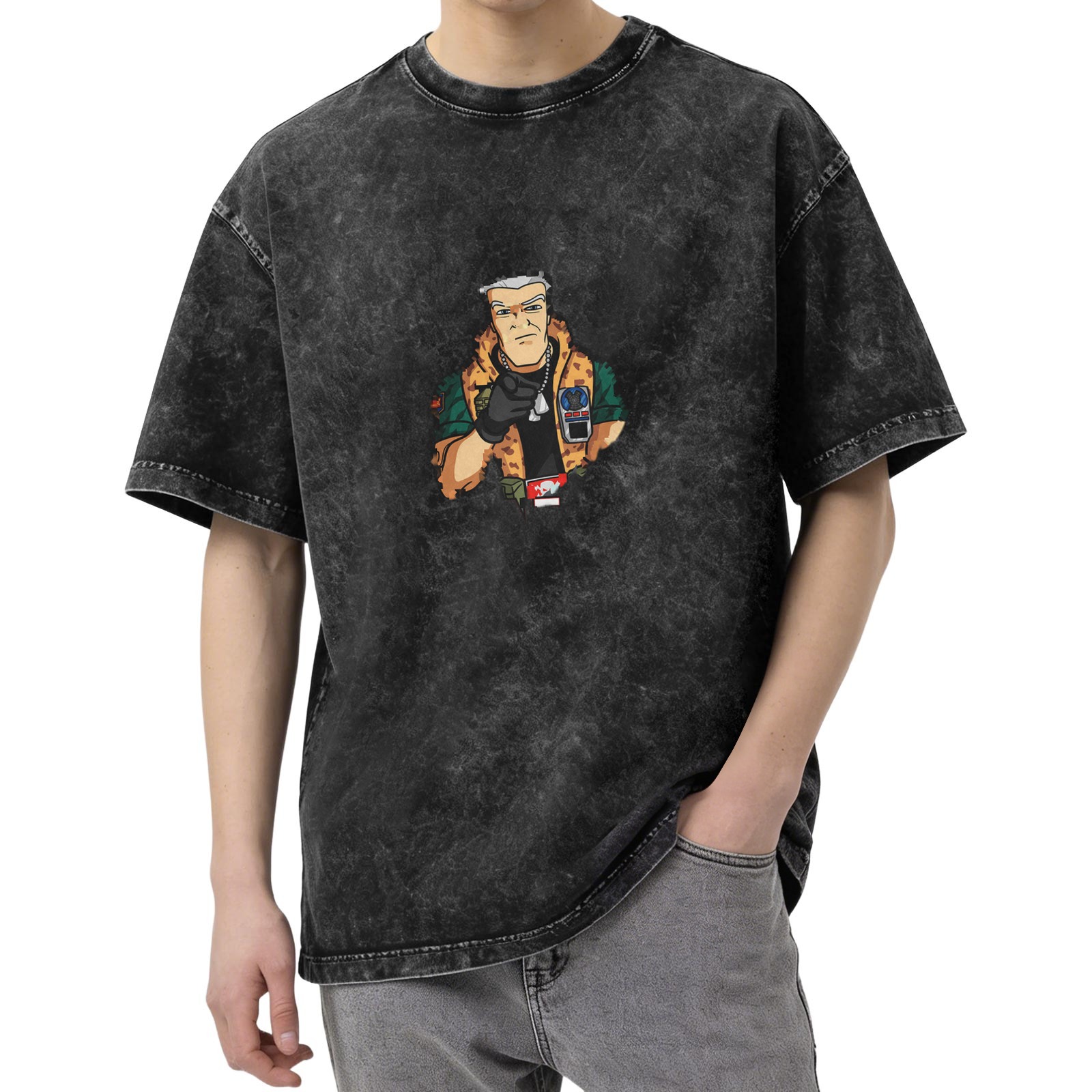 Oversized acid wash graphic t-shirt with cartoon military character print