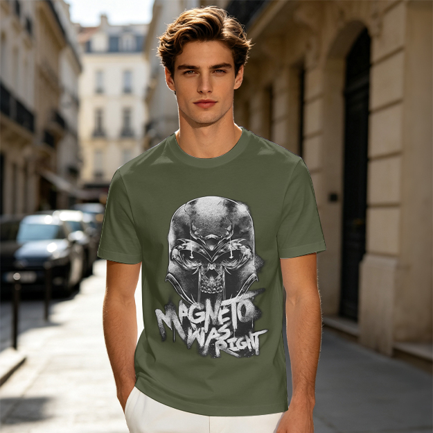 Olive Magneto Graphic T-Shirt with 'Magneto Was Right' Print