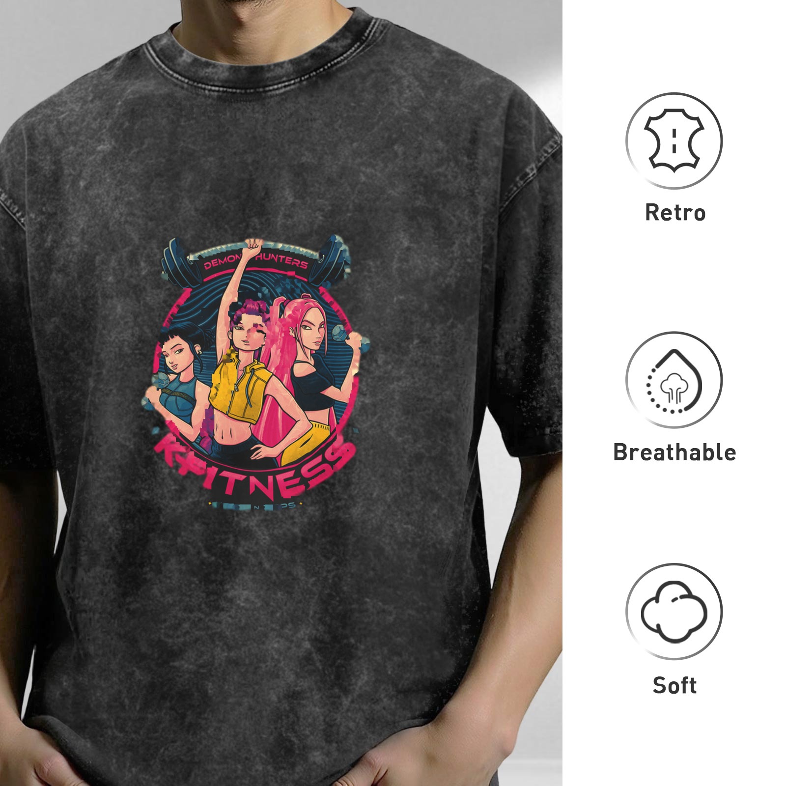 Washed Black Graphic T-Shirt with Anime Demon Hunters Fitness Design
