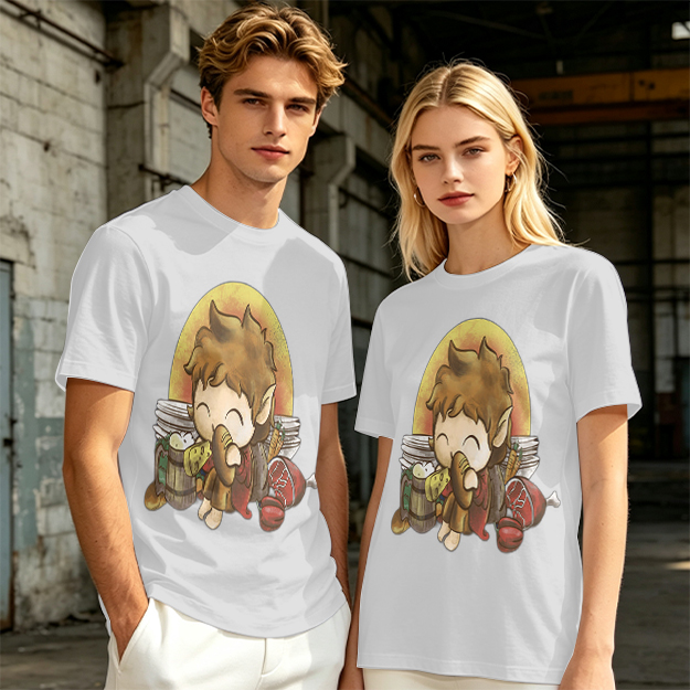 Chibi Hobbit Eating Bread Surrounded by Food T-Shirt