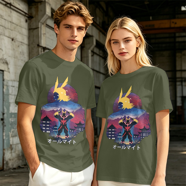 Olive t-shirt with All Might anime character graphic print