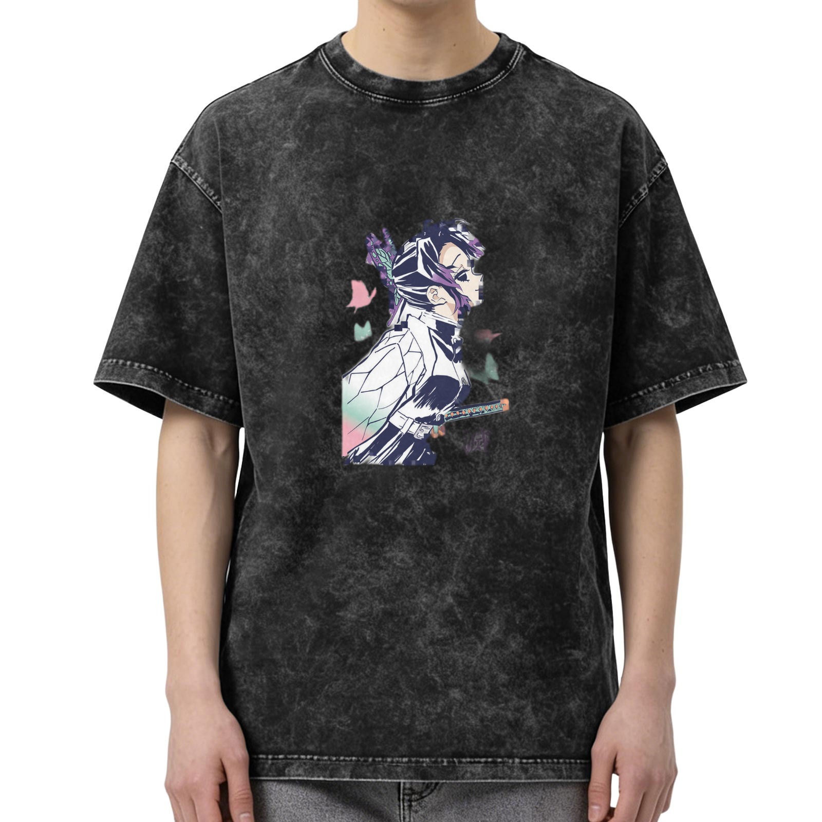 Oversized Vintage Wash Anime Graphic T-Shirt featuring Demon Slayer's Shinobu Kochou with Butterfly Motifs