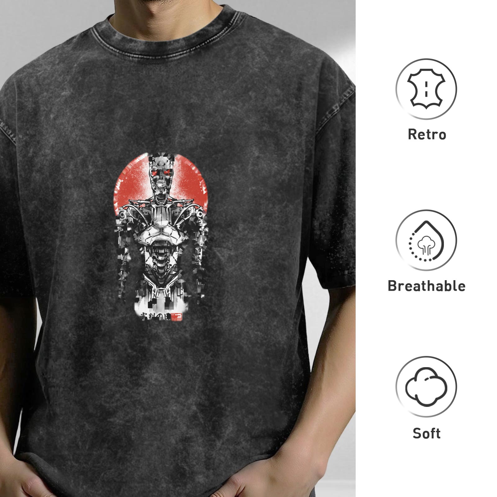 Washed Black Oversized T-Shirt with Terminator Robot Graphic