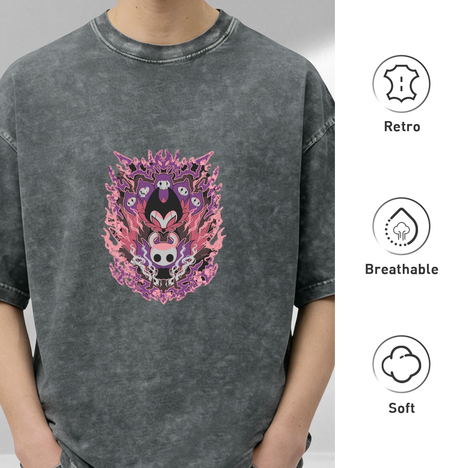 Oversized Washed Black T-shirt with Hollow Knight Themed Purple Pink Graphic Print