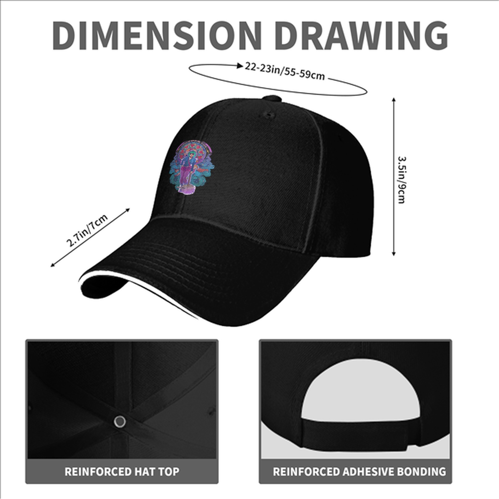 Black Baseball Cap With Psychedelic Character Art Print