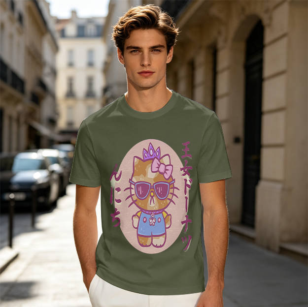 Olive T-Shirt with Cool Princess Cat Graphic Print