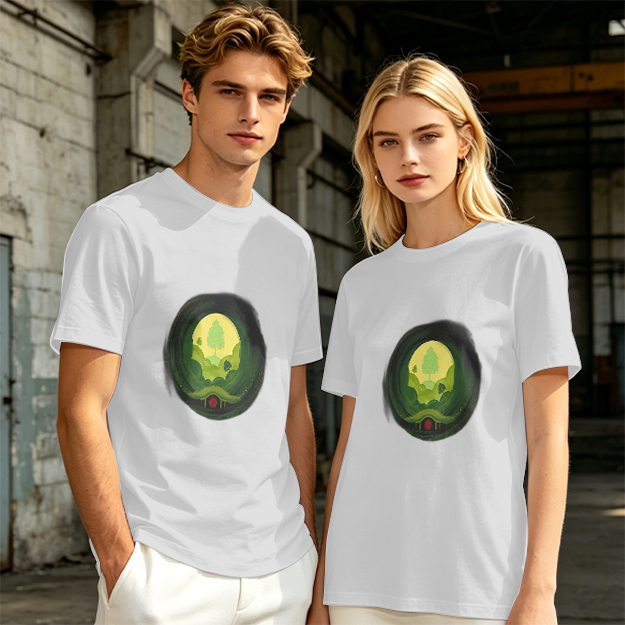 Olive Green T-Shirt with Hobbit Hole Landscape Art Print