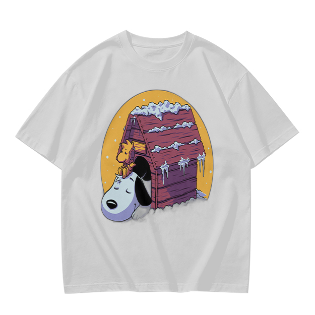 Olive T-shirt with Snoopy and Woodstock at snow-covered doghouse