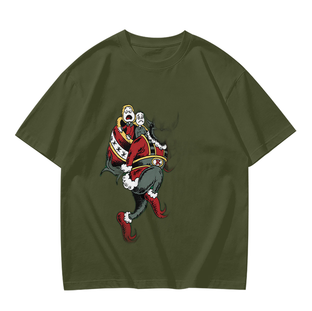 Olive T-shirt with distressed cartoon Santa Claus graphic