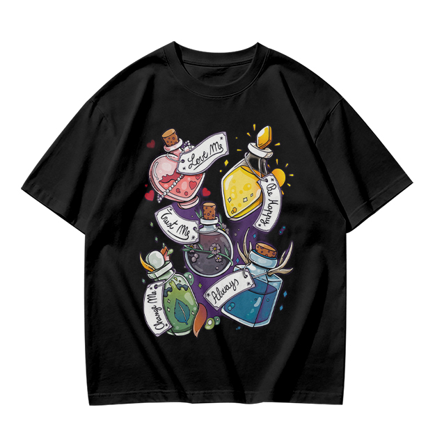 Olive T-Shirt With Magical Potion Bottles Graphic Design