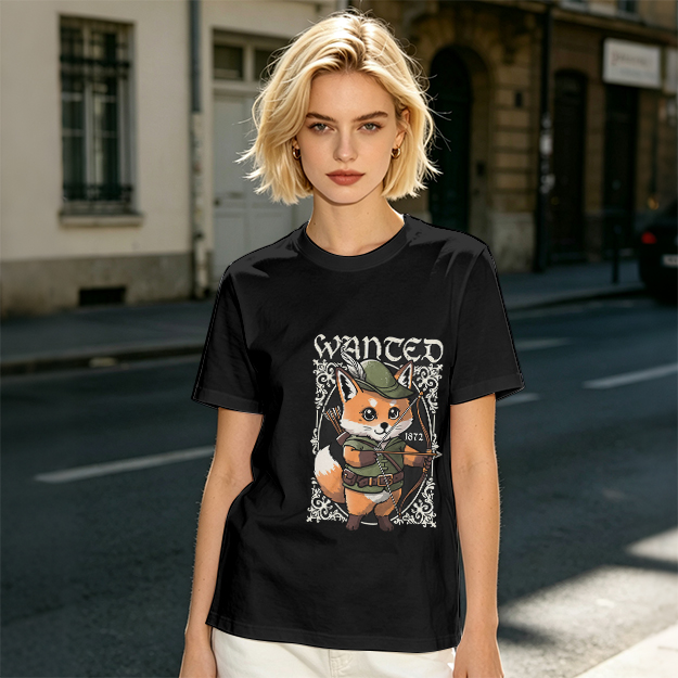 Olive green t-shirt with cute fox archer 'WANTED' graphic
