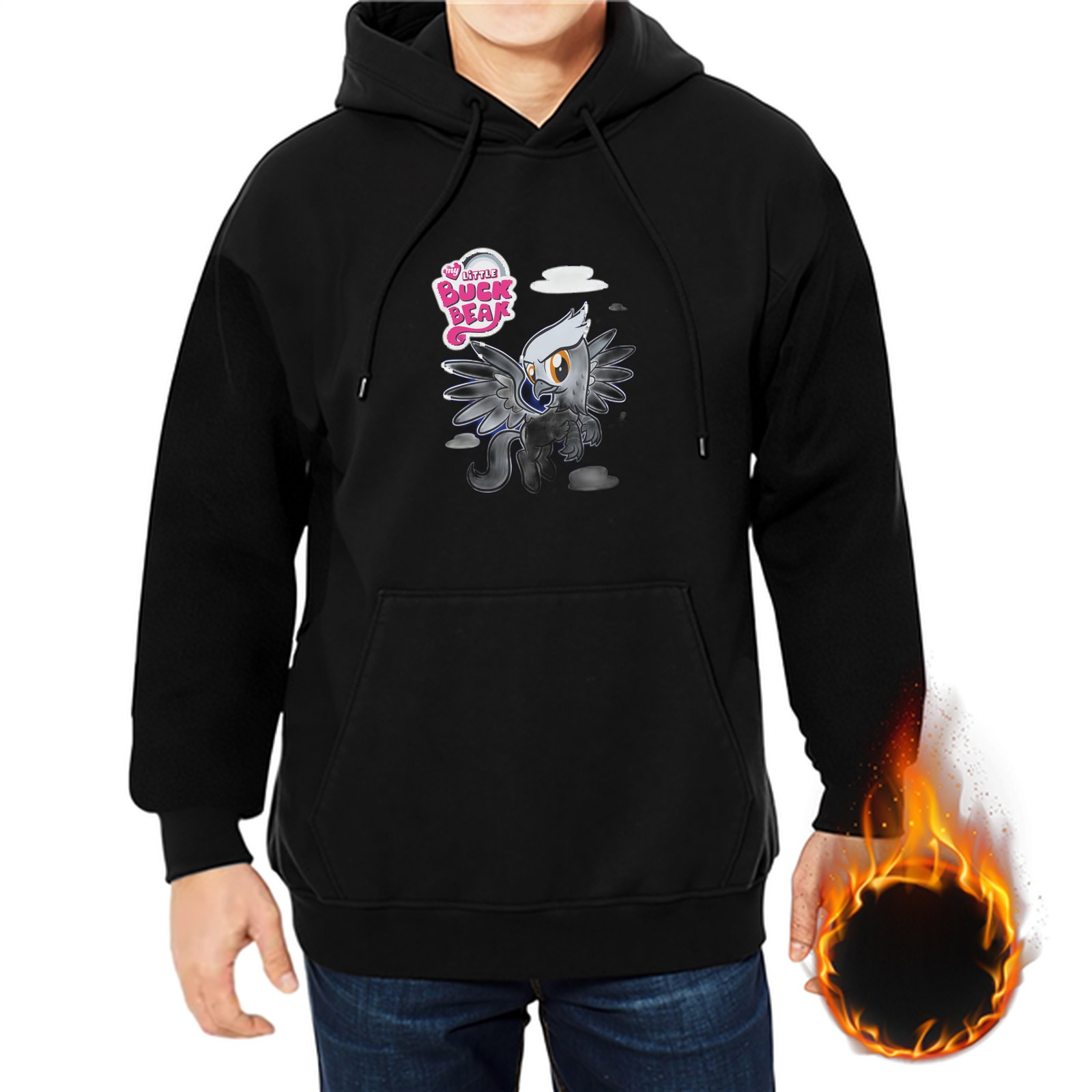 Black hoodie with cartoon bird graphic and playful text print