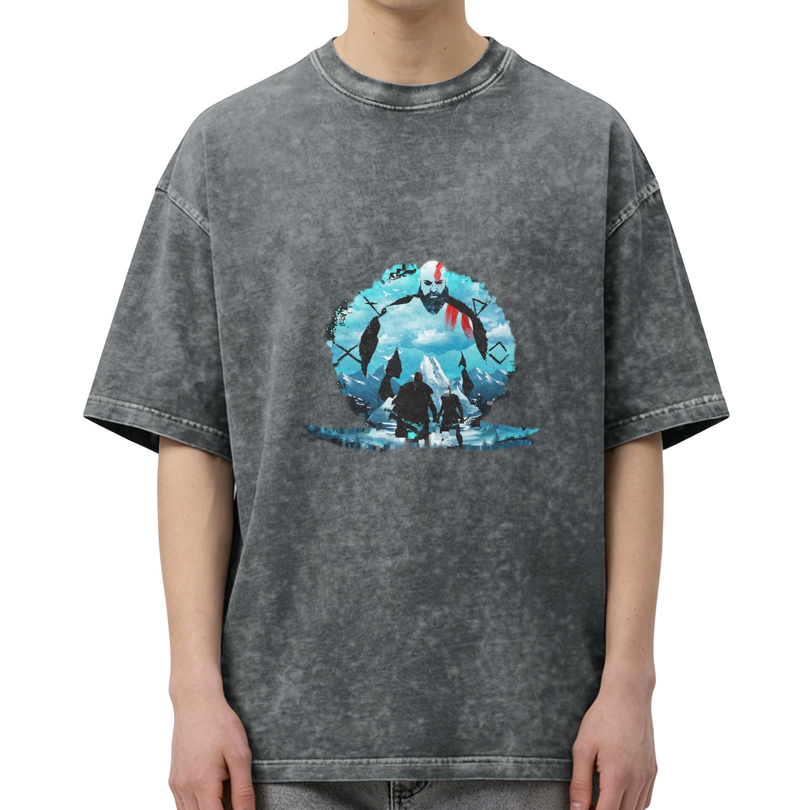 God of War Kratos & Atreus Graphic Print Stone Wash Oversized T-shirt