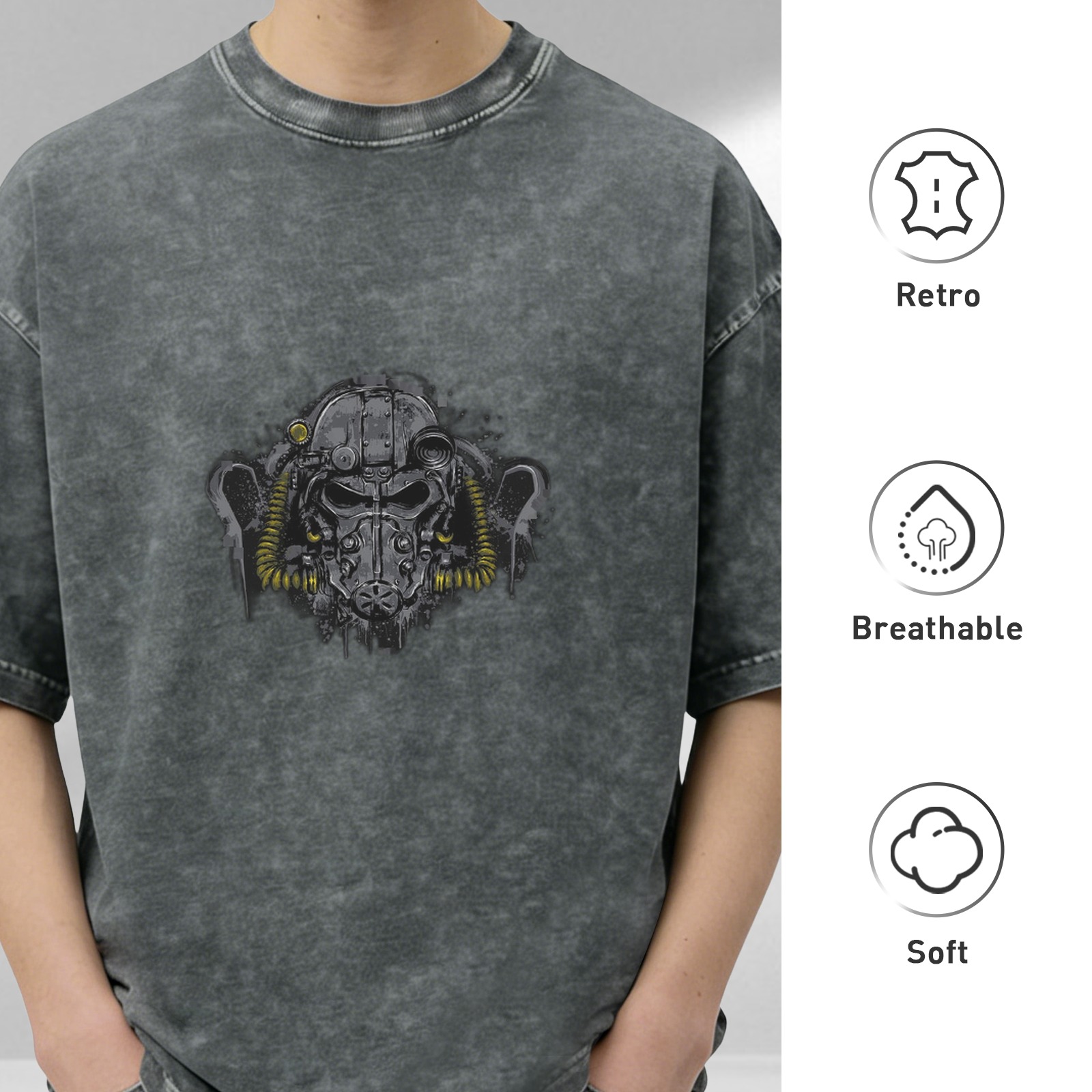Distressed washed black loose short-sleeved T-shirt Wasteland wind power armor helmet pattern printed top