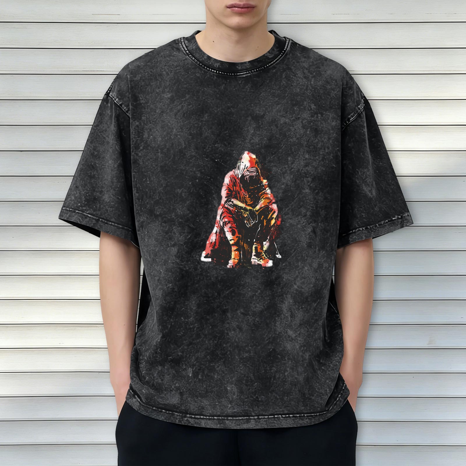 Oversized Acid Wash T-Shirt With Hooded Figure Graphic