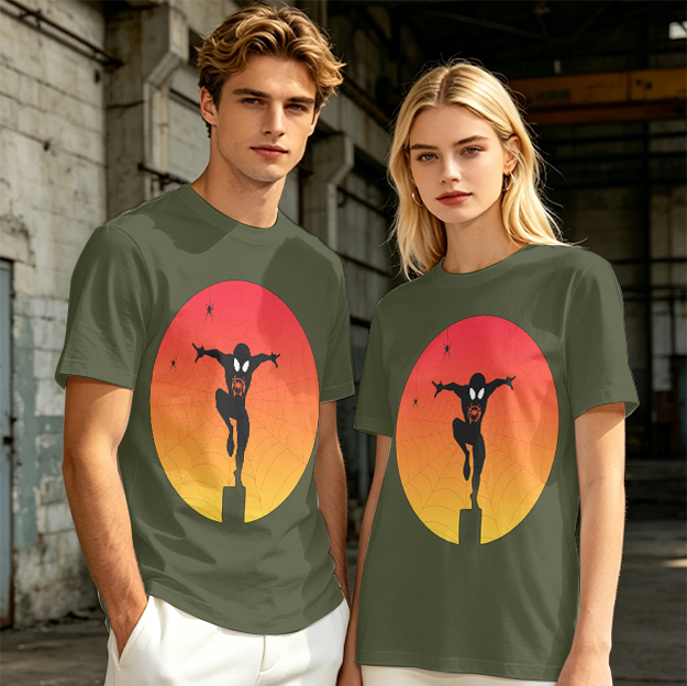 Olive T-Shirt with Spider-Man Silhouette Sunset Graphic