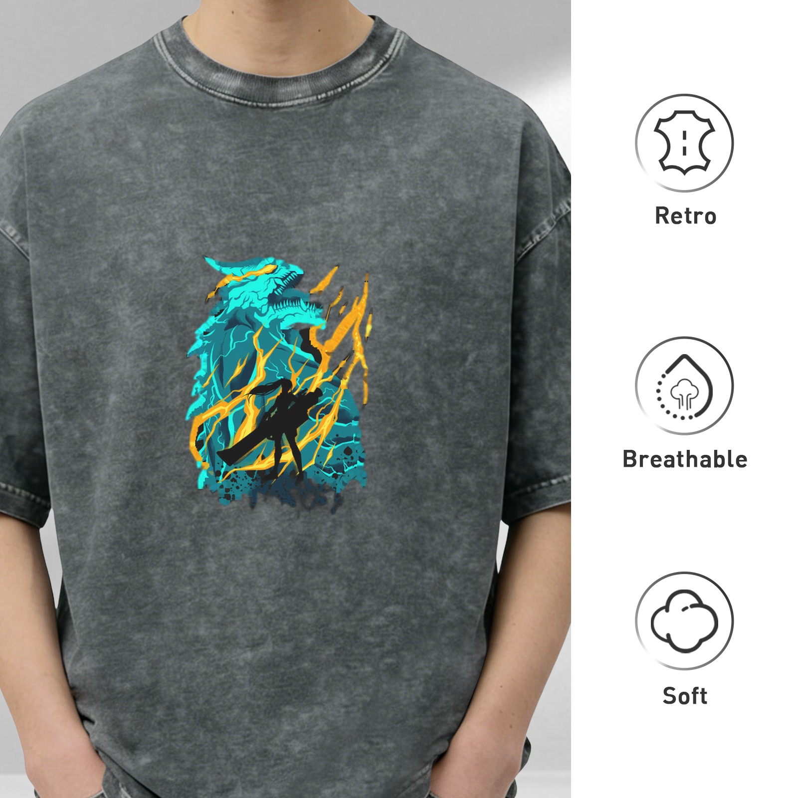 Oversized Acid Wash T-Shirt With Dragon Lightning Graphic Print