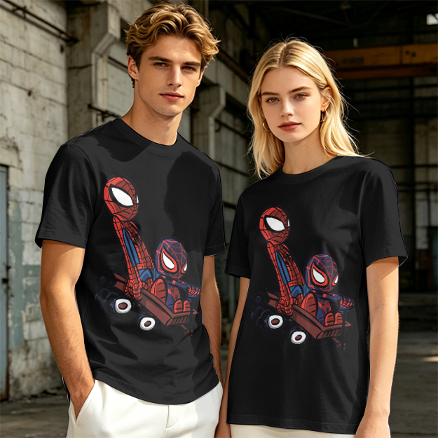 Olive T-shirt with Chibi Spider-Men Riding a Wagon Graphic