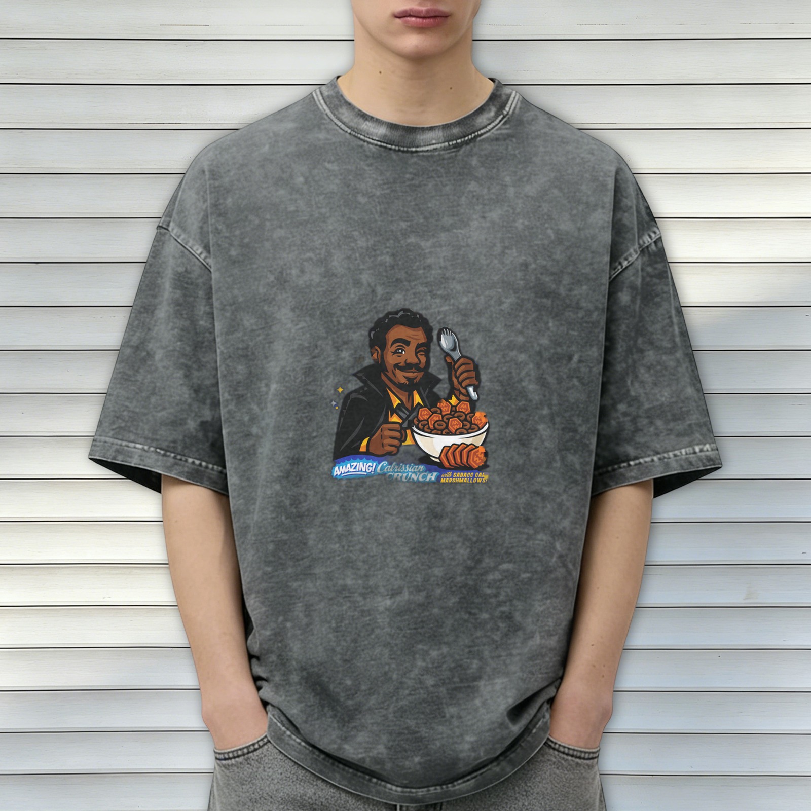acid wash black t-shirt with calrissian crunch graphic print