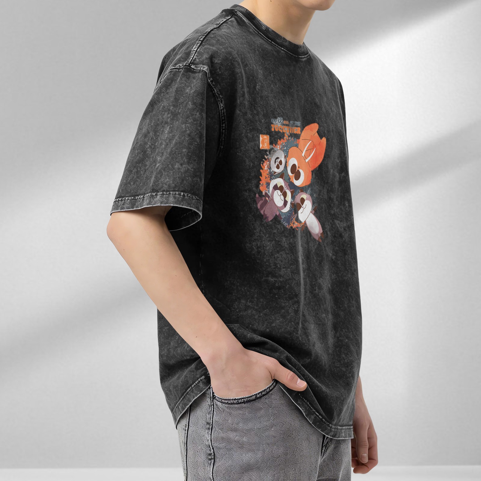 Washed Black Cartoon Animal Graphic Oversized T-shirt