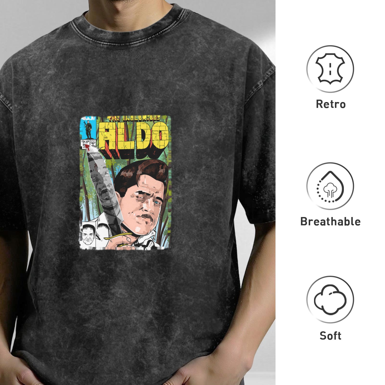 Washed Black T-Shirt with Aldo Comic Book Style Graphic Print