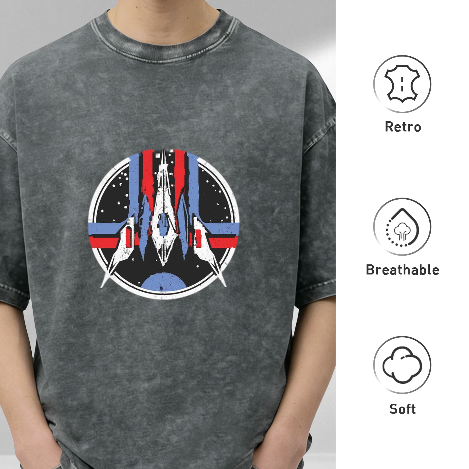 Oversized Stone-Washed Black Graphic T-Shirt with Sci-Fi Space Emblem Print