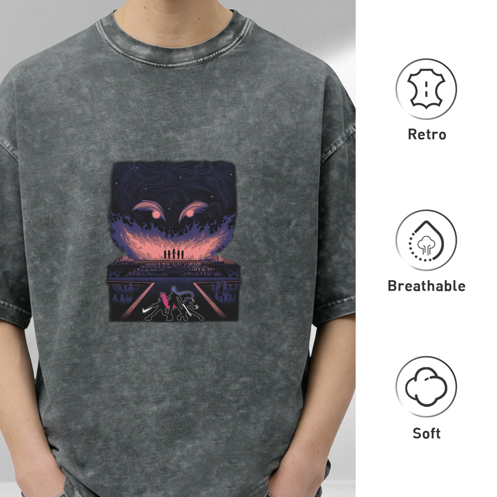 Oversized Acid Wash Graphic T-Shirt with Dark Fantasy Art Print