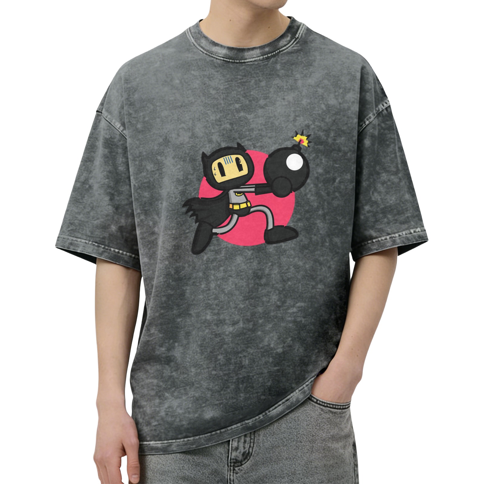 Oversized Acid Wash T-Shirt With Batman Bomber Cartoon Graphic