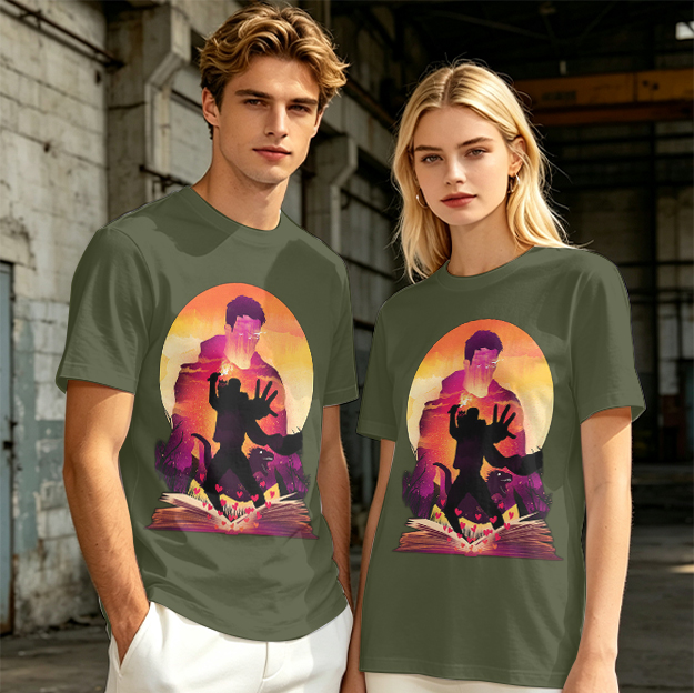 Olive T-Shirt With Fantasy Sunset Silhouette Graphic Print