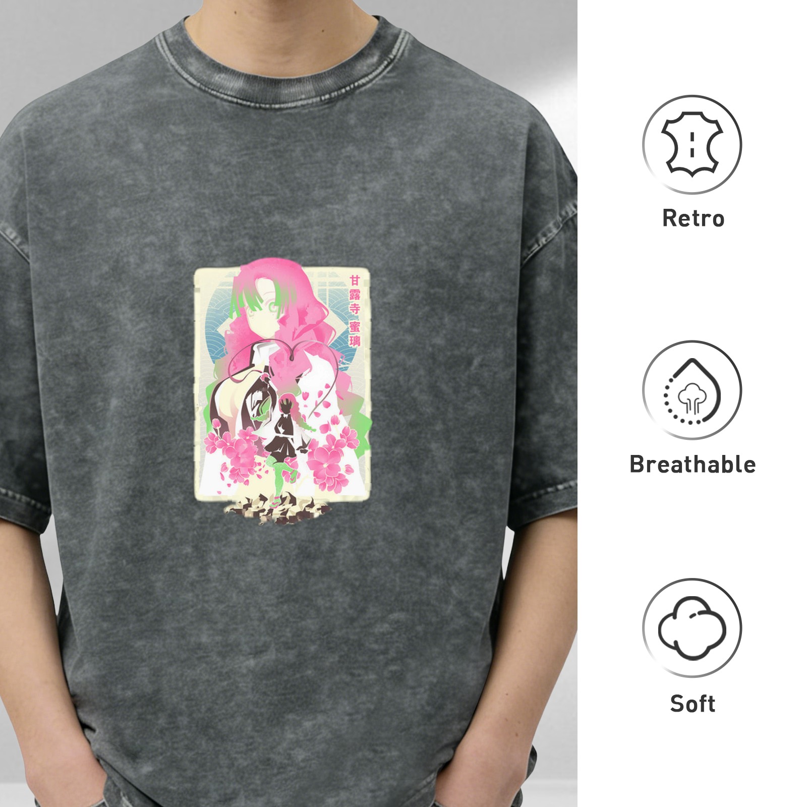Oversized Black Acid Wash T-Shirt with Anime Character Graphic