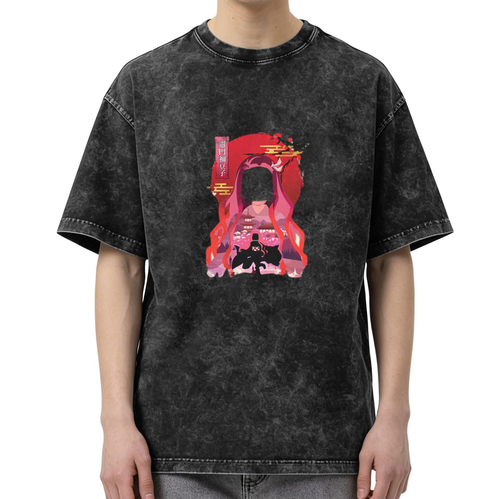 Washed Black Anime Graphic T-Shirt with Japanese Art Design