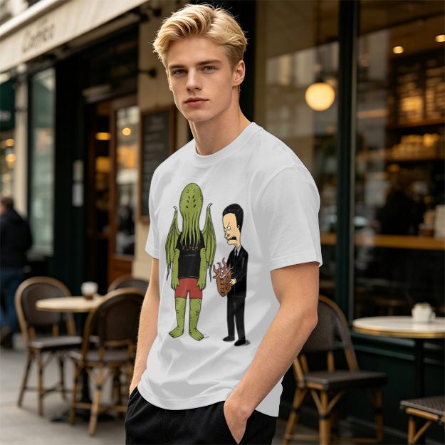 Olive T-Shirt Featuring Cthulhu and Beavis in Suits Graphic