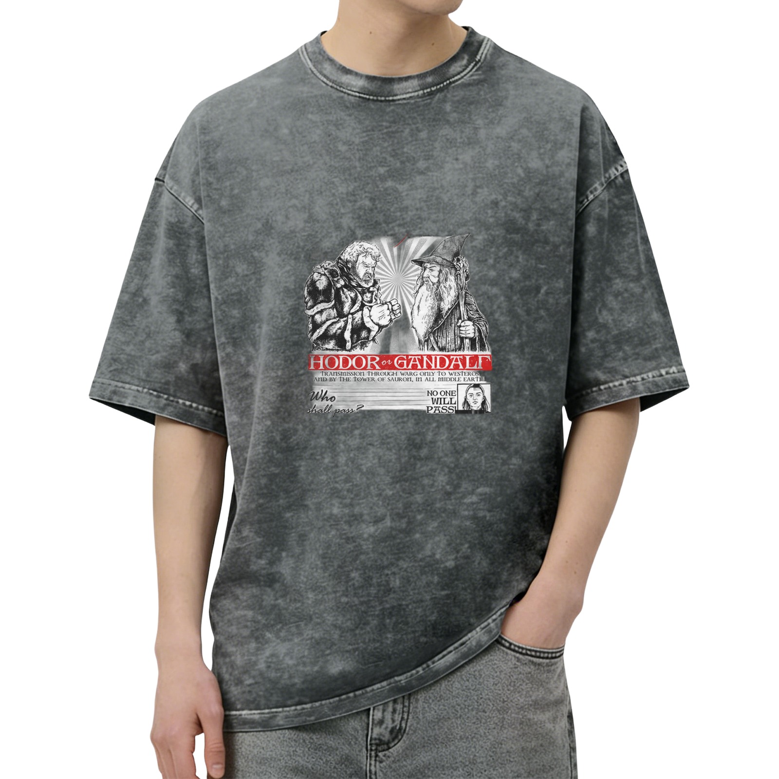 Hodor vs Gandalf Graphic Stonewashed T-Shirt Fantasy Crossover Tee