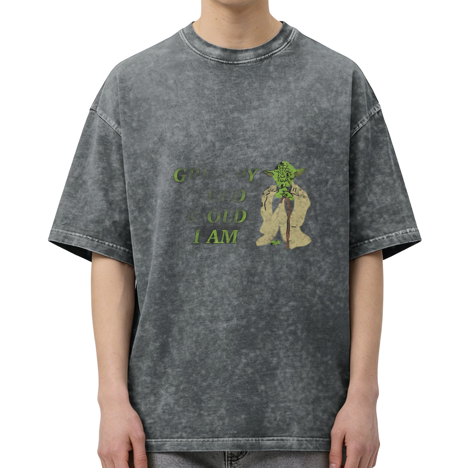 Worn black acid wash t-shirt with Yoda 'Grow Old I Am' print