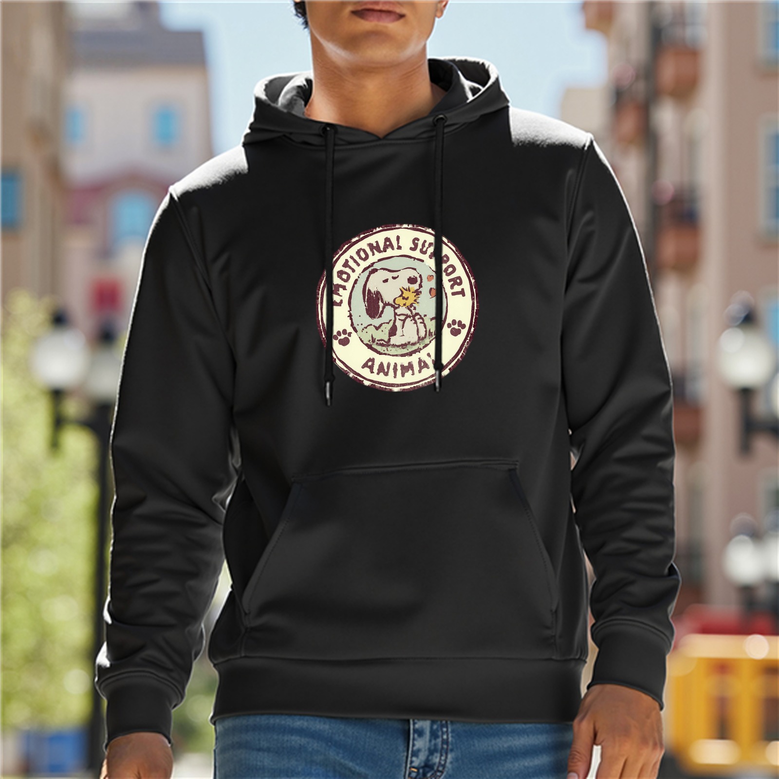 Black hoodie with Snoopy emotional support animal graphic