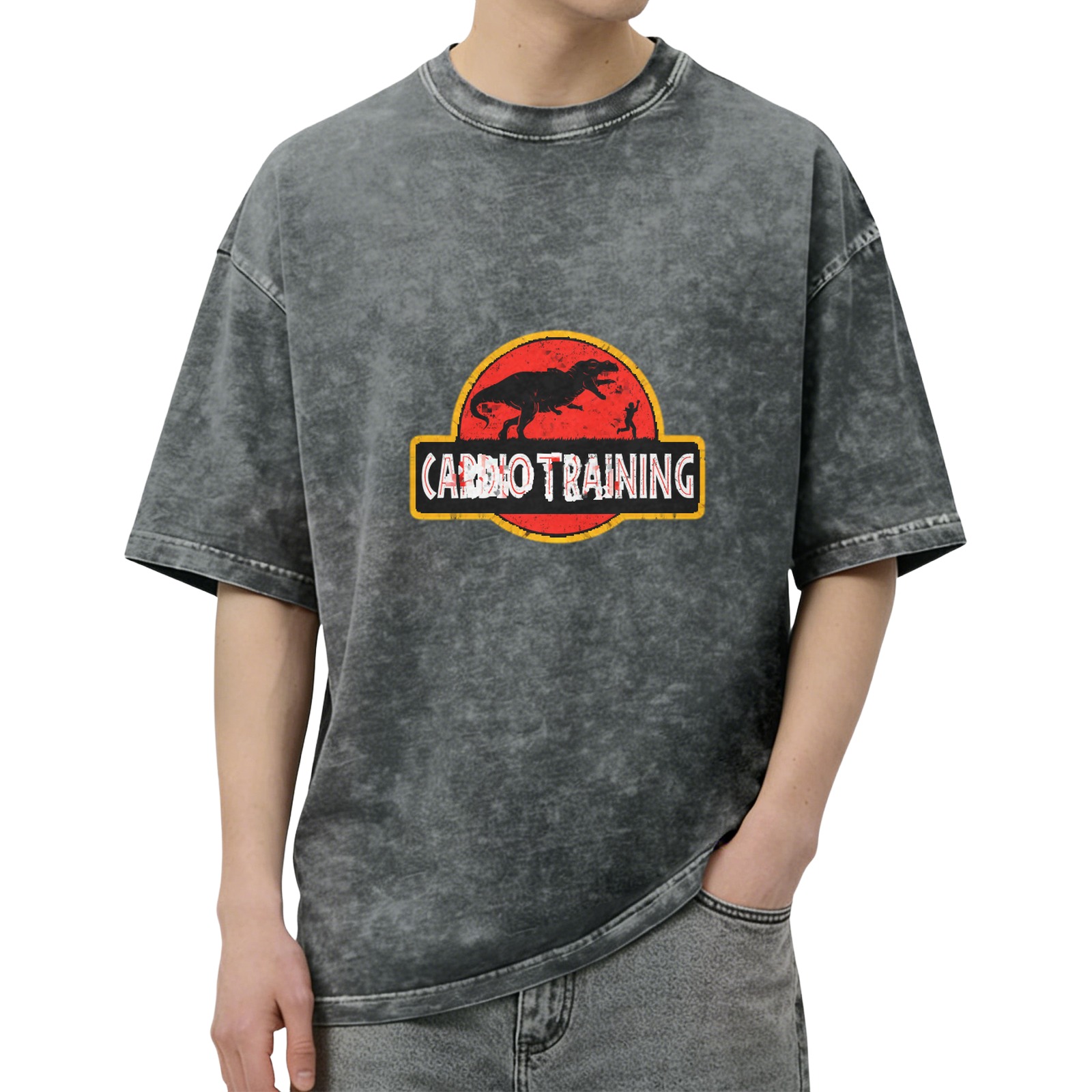 Washed Black T-Shirt with Funny Cardio Training Dinosaur Graphic