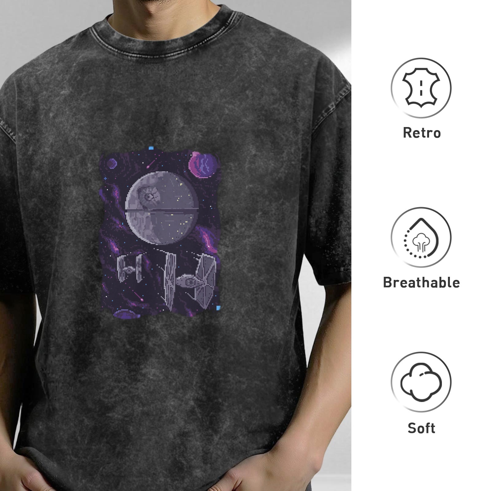 Star Wars themed pixel wind Death Star TIE fighter print old washed black loose short-sleeved T-shirt