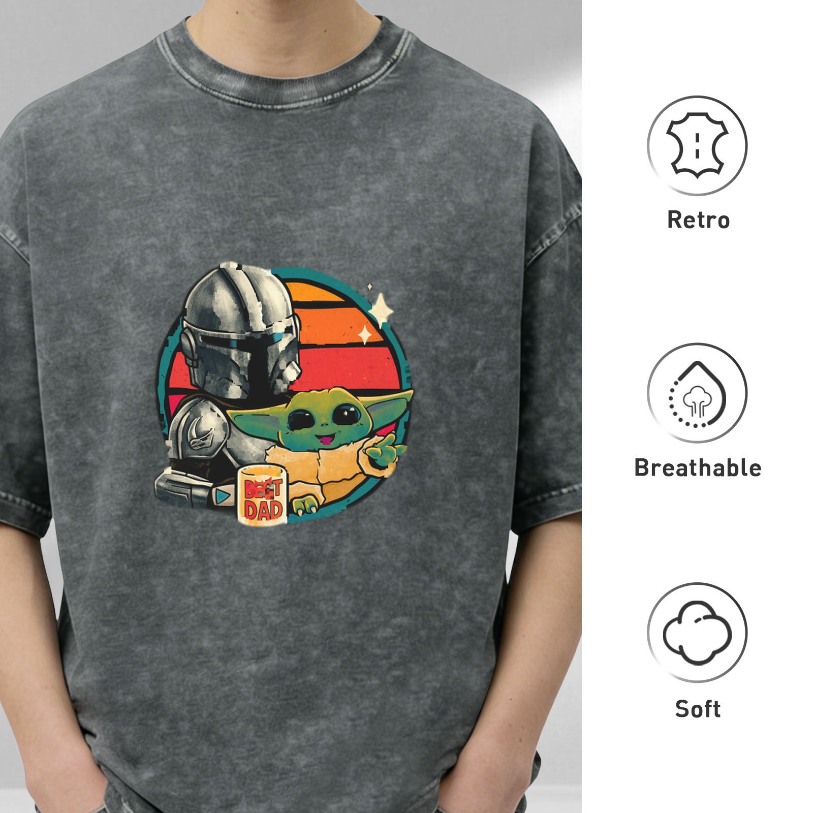 Star Wars The Mandalorian & Grogu (Baby Yoda) 'Best Dad' Graphic Acid-Wash Short Sleeve T-Shirt
