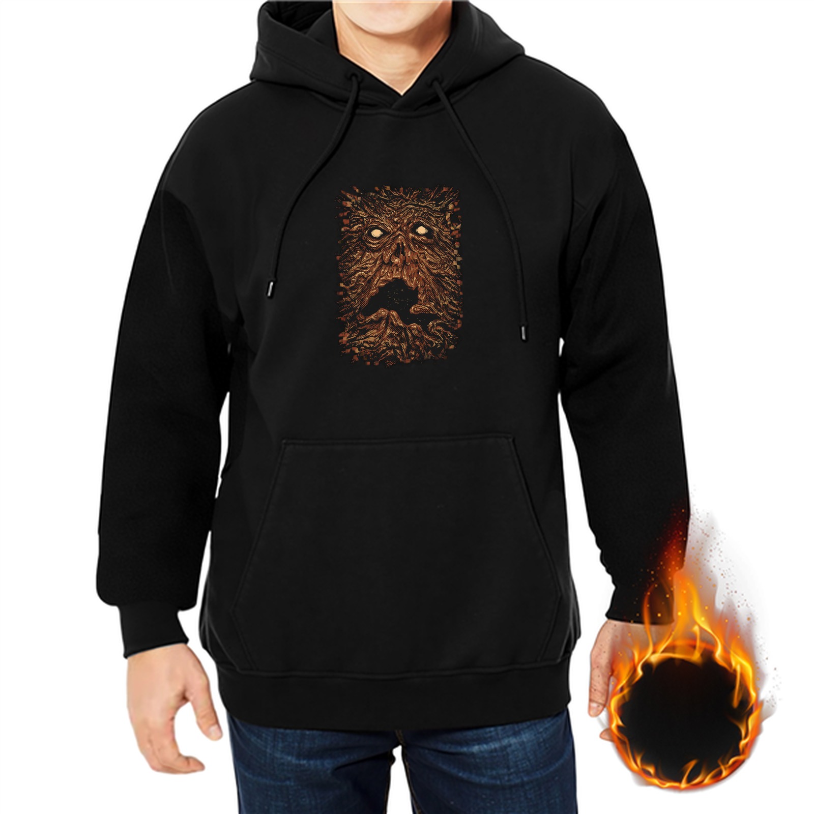 Black Hoodie With Spooky Tree Monster Face Graphic