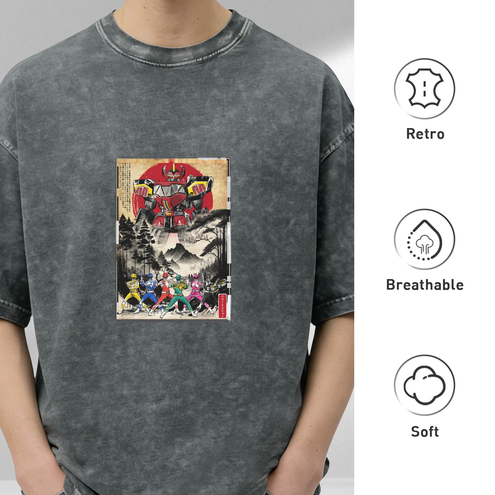 Retro washed black short-sleeved T-shirt Japanese Ukiyo-e style Super Sentai pattern Loose casual distressed top