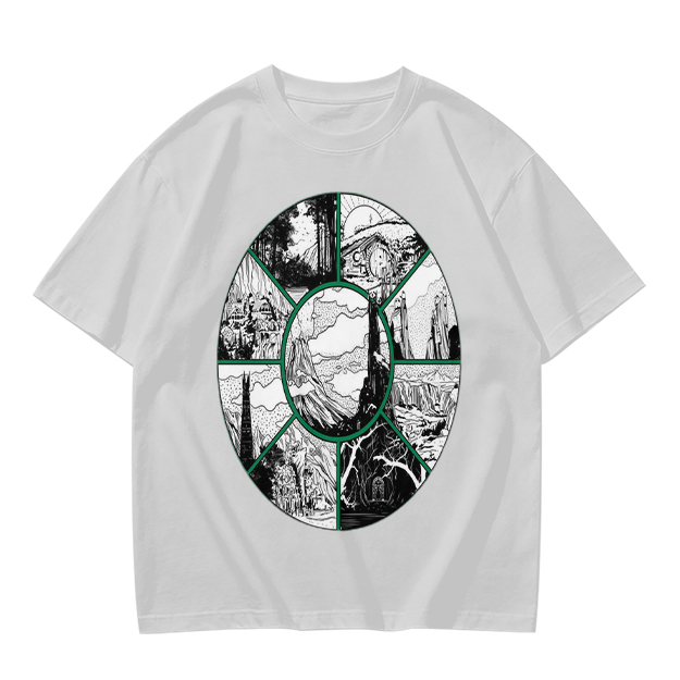 Olive Green T-Shirt With Circular Fantasy Landscape Art Print