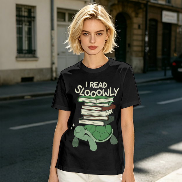 I Read Sloowly Turtle Stacked With Books T-Shirt