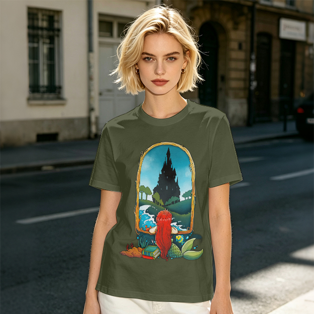 Olive T-Shirt With Mermaid Looking At Castle Art Print