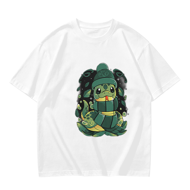 Olive Green T-Shirt With Cute Cartoon Snake Graphic