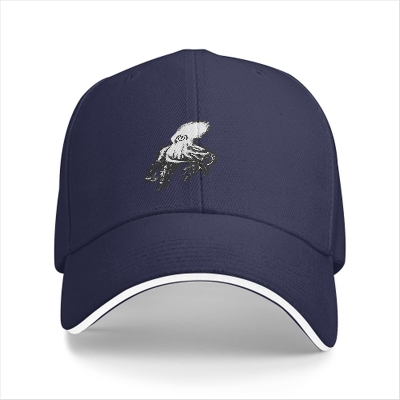 Black baseball cap with white octopus graphic design