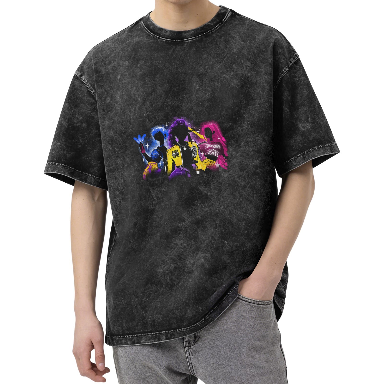 Oversized Acid Wash T-Shirt With Neon Anime Character Silhouette Graphic