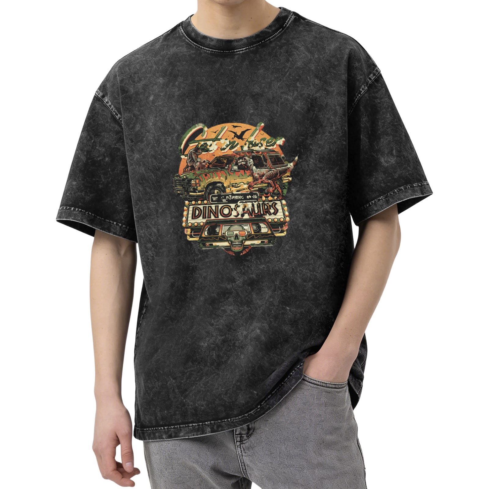 Vintage Washed Black Dinosaur Graphic T-Shirt for Men, Retro Jurassic Themed Short Sleeve Tee