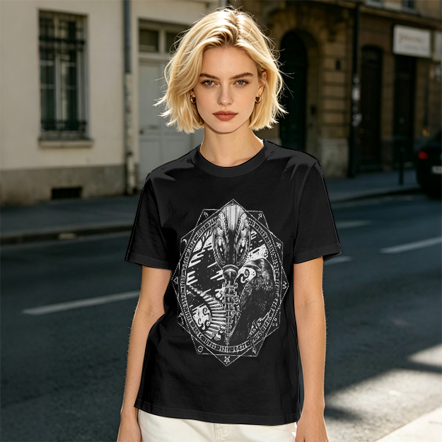 Olive Green T-Shirt With Alien Raven Occult Graphic Print